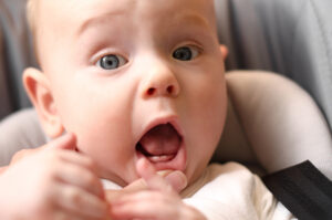 The first babies teeth. The lower front teeth (the lower central incisors). Teething