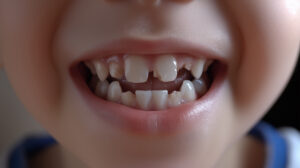 Close-Up of Smiling Child with Broken, Chipped, and Misaligned Baby Teeth